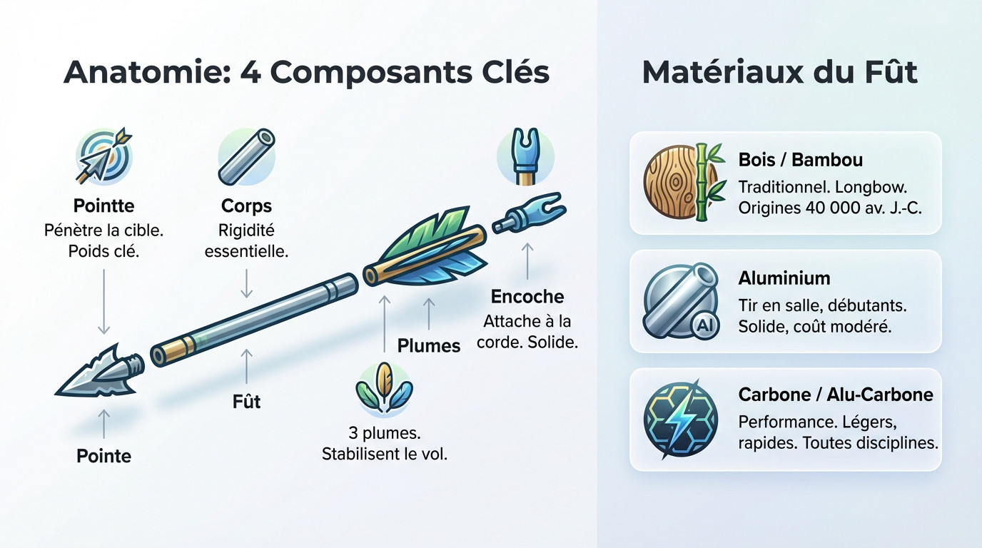 Schéma détaillant l'anatomie et les matériaux d'une flèche de tir à l'arc