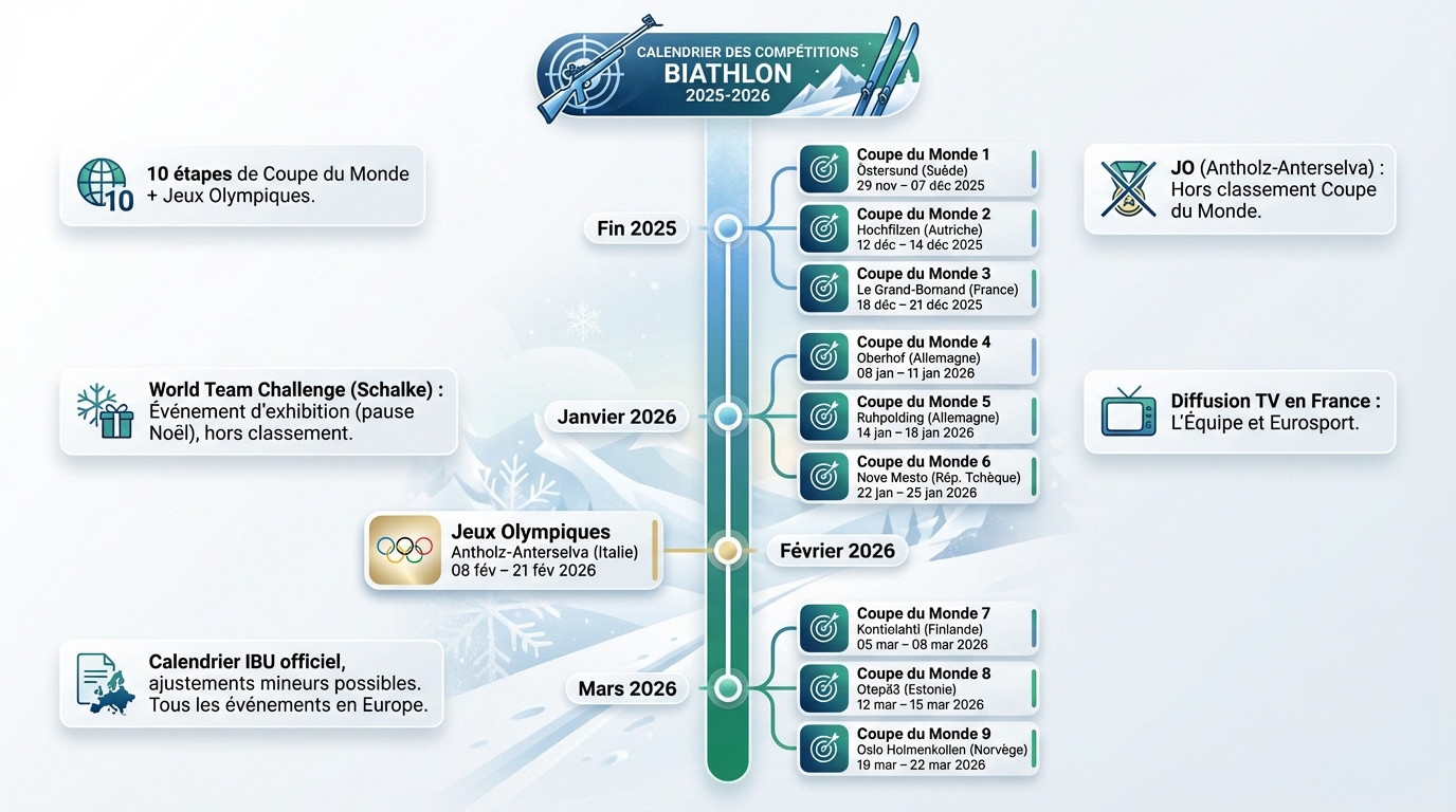 Calendrier officiel des compétitions de biathlon pour la saison 2025-2026 incluant les étapes de Coupe du Monde et les JO