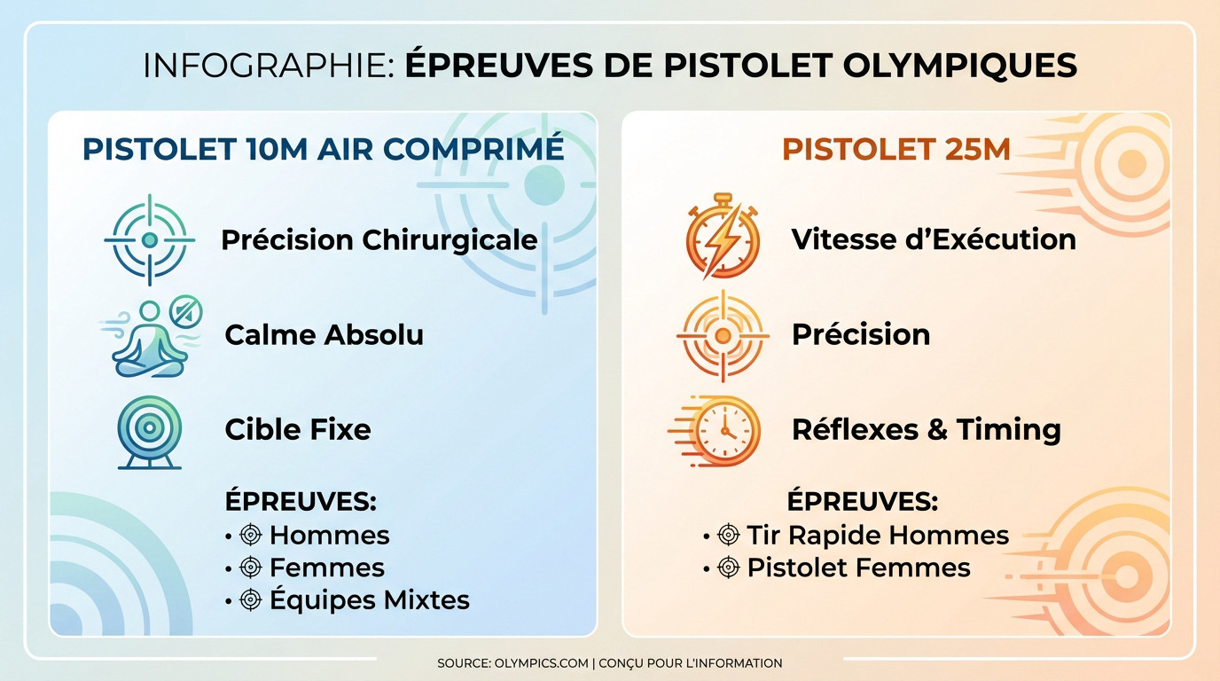 Infographie détaillant les épreuves de tir au pistolet aux Jeux Olympiques