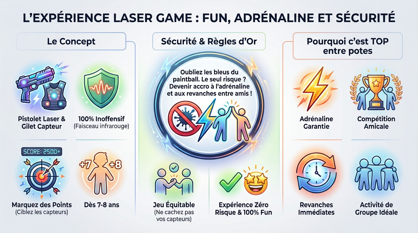 Groupe d'amis équipés de gilets et pistolets laser dans une arène sombre