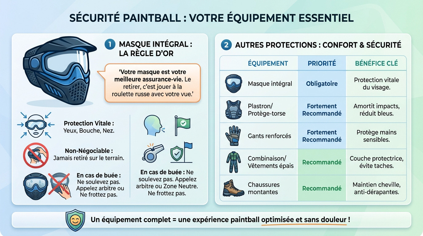 Joueur équipé d'un masque de protection intégral et matériel de sécurité paintball