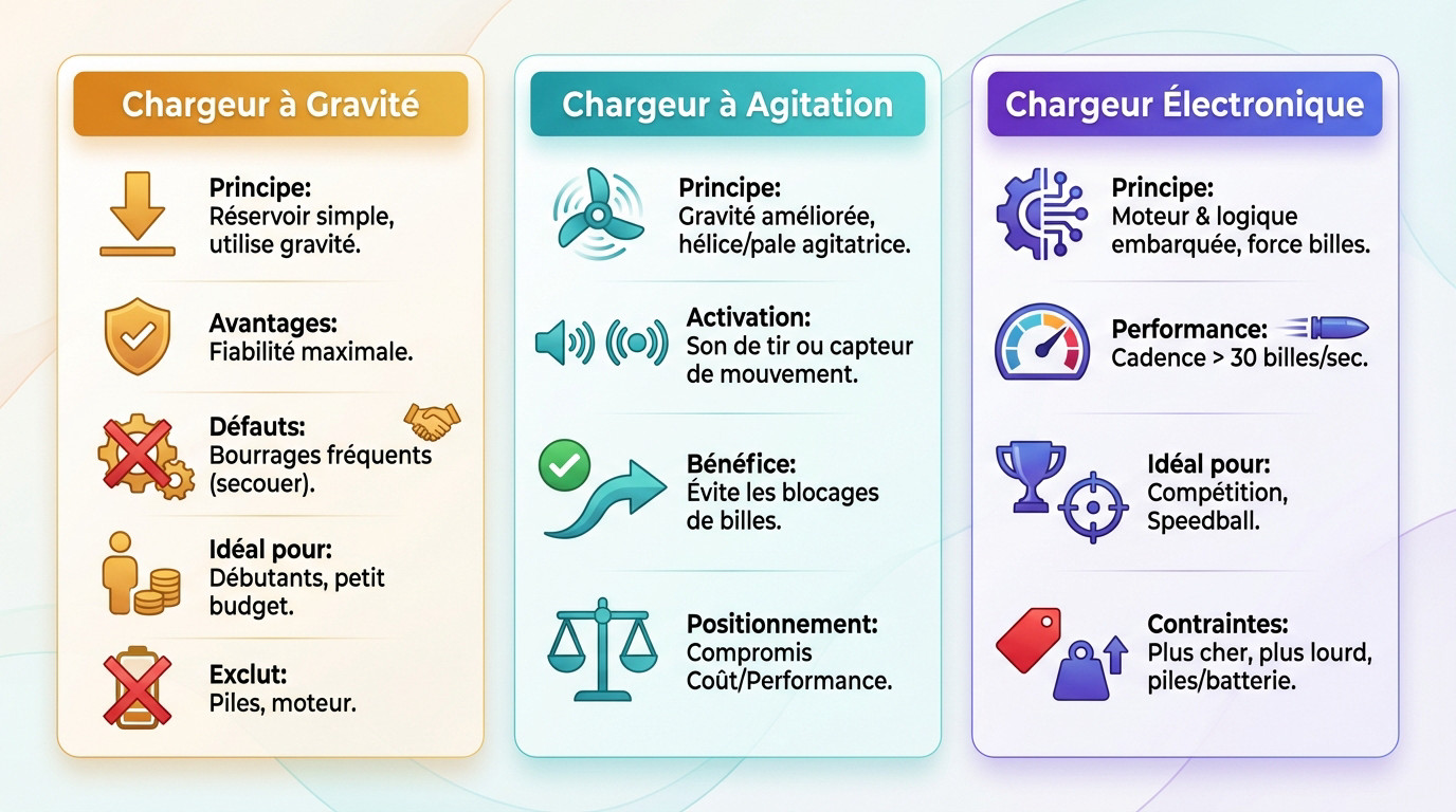 Comparaison visuelle des types de chargeurs paintball : gravité, agitation et électronique
