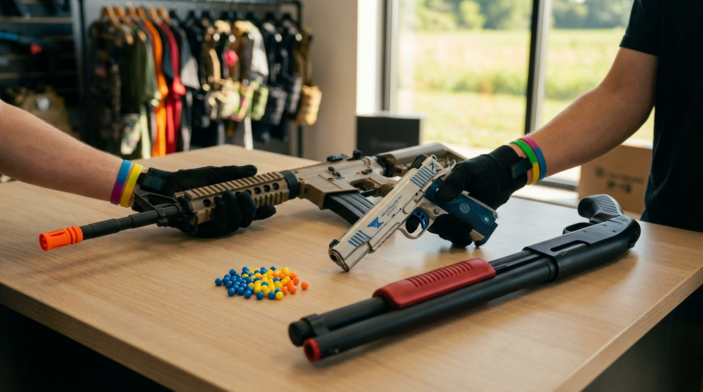 Three airsoft replicas (rifle, pistol, shotgun) on a wooden table with colorful BBs, held by gloved hands.