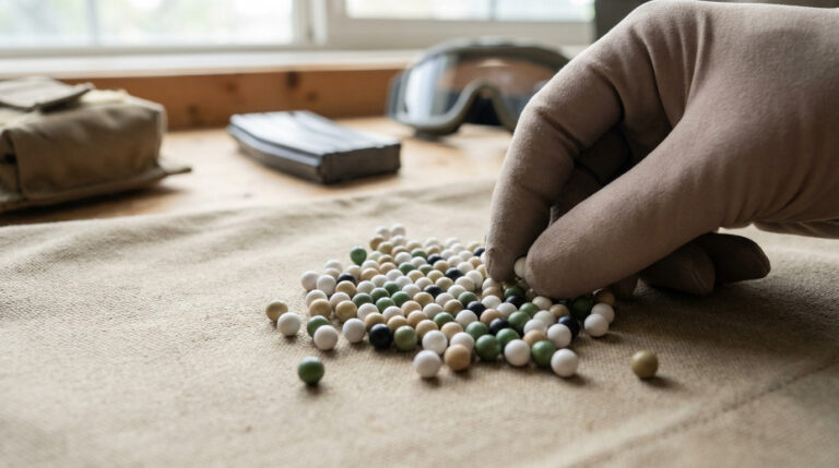 A gloved hand gently sifts through a pile of diverse airsoft pellets (white, green, beige, black) on a textured surface, with blurred airsoft gear in the background.