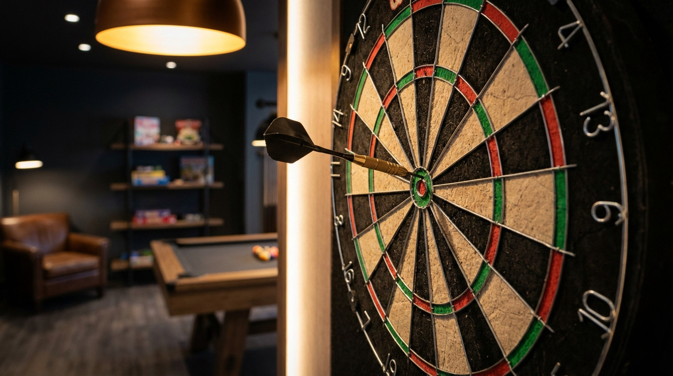 A dart is perfectly embedded in the bullseye of a sisal dartboard in a modern game room, with a blurred pool table and armchair in the background.