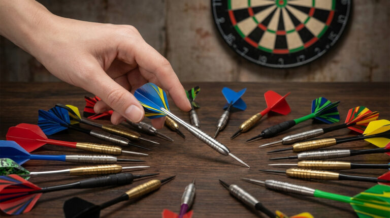 A hand selects a silver dart from a circle of colorful darts on a wooden table, with a blurred dartboard in the background.