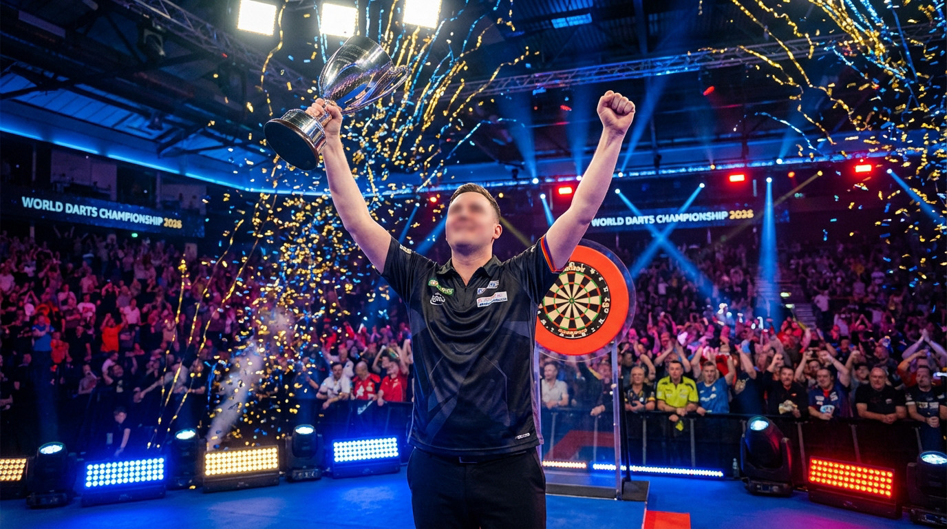 A darts champion raises a trophy and fist on stage amidst confetti, with a cheering crowd and illuminated dartboard in the background at the 2026 World Darts Championship.