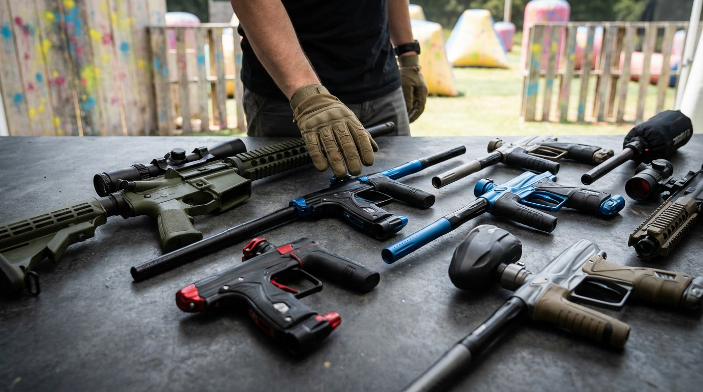 diverse-paintball-markers-on-display