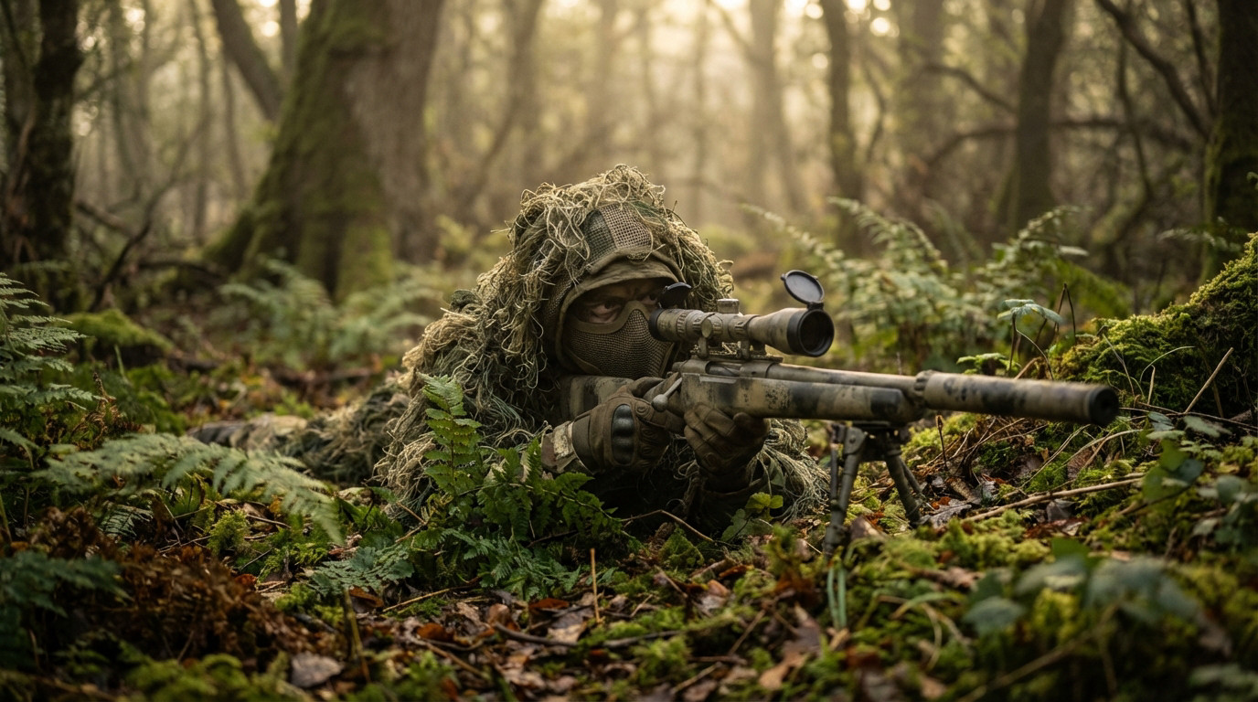 A camouflaged airsoft sniper in a ghillie suit lies prone in a dense, mossy forest, aiming a rifle with a scope, conveying intense focus.