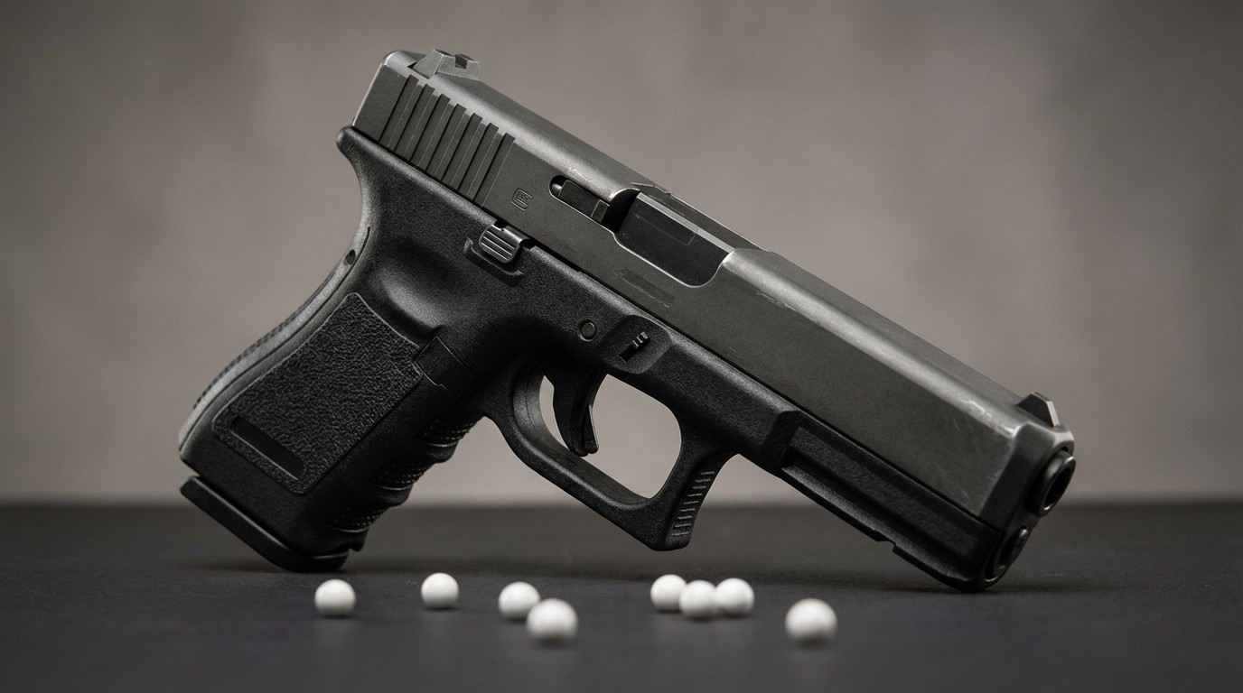 Photorealistic airsoft pistol, Glock 17 style, black/dark grey, angled on dark surface with scattered white BBs. Blurred background.