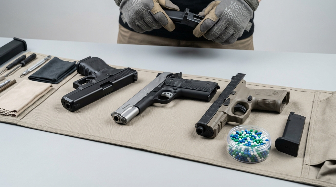 Three detailed airsoft pistols (black, silver, tan) on a tactical mat with colorful pellets, magazine, and tools. Hands in gloves prepare equipment.