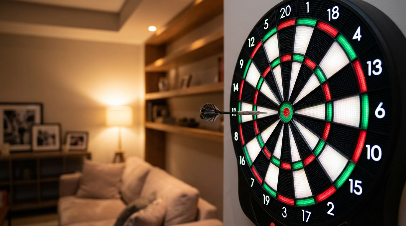 Electronic dartboard with illuminated red, green, black segments. A dart is in the '11' segment. Modern, soft-lit game room background.