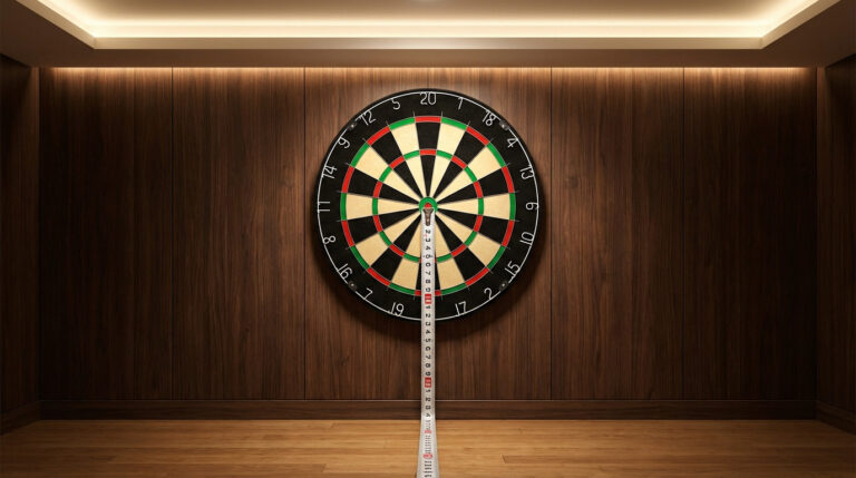 Vibrant dartboard centered on a dark wood wall, with a measuring tape showing 1.73m to the bullseye. Polished wood floor, modern lighting.