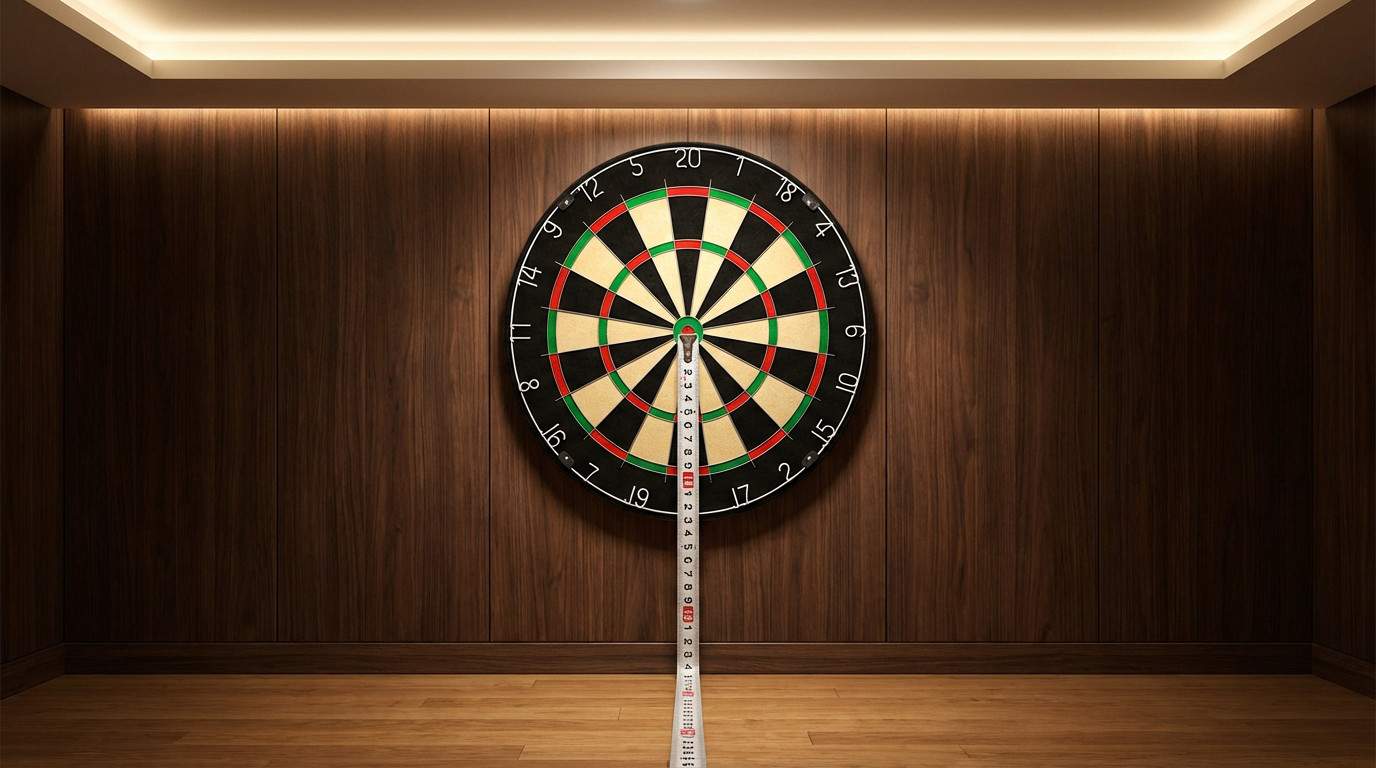Vibrant dartboard centered on a dark wood wall, with a measuring tape showing 1.73m to the bullseye. Polished wood floor, modern lighting.