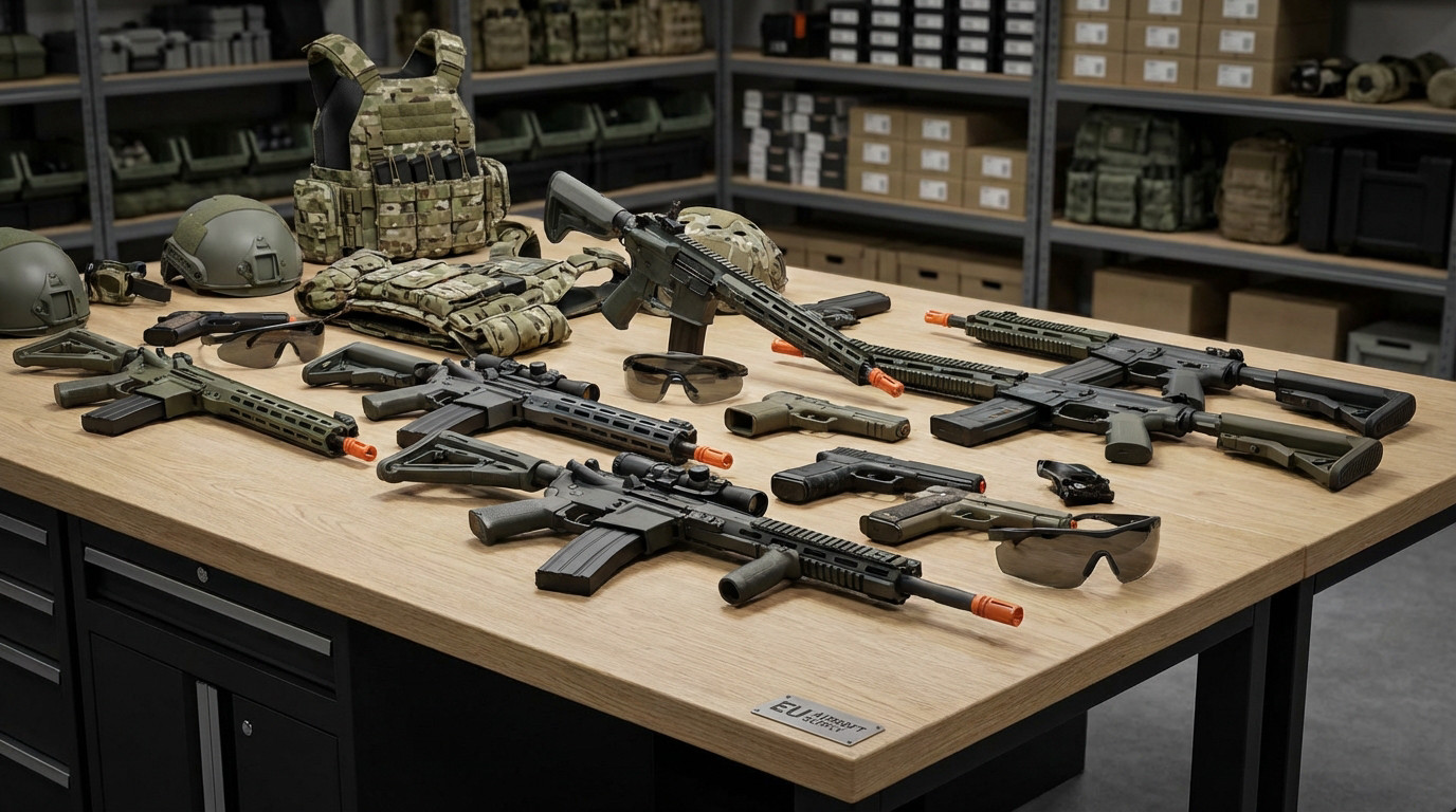 Airsoft rifles, pistols, helmets, vests, and eyewear on a wooden table. Blurred shelves with gear in background. Professional tactical display.