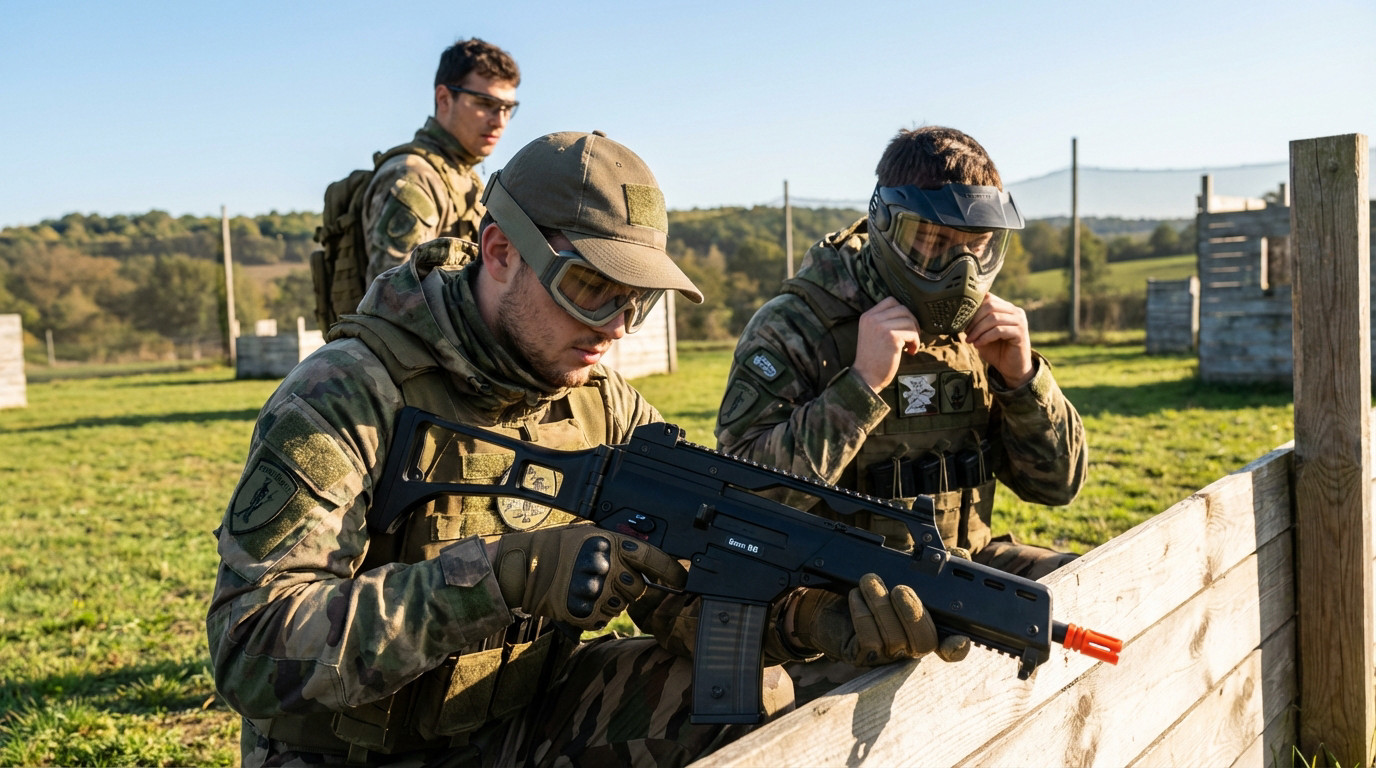 Three airsoft players in camouflage and safety gear on a sunny outdoor field. One holds a replica, another adjusts a mask.