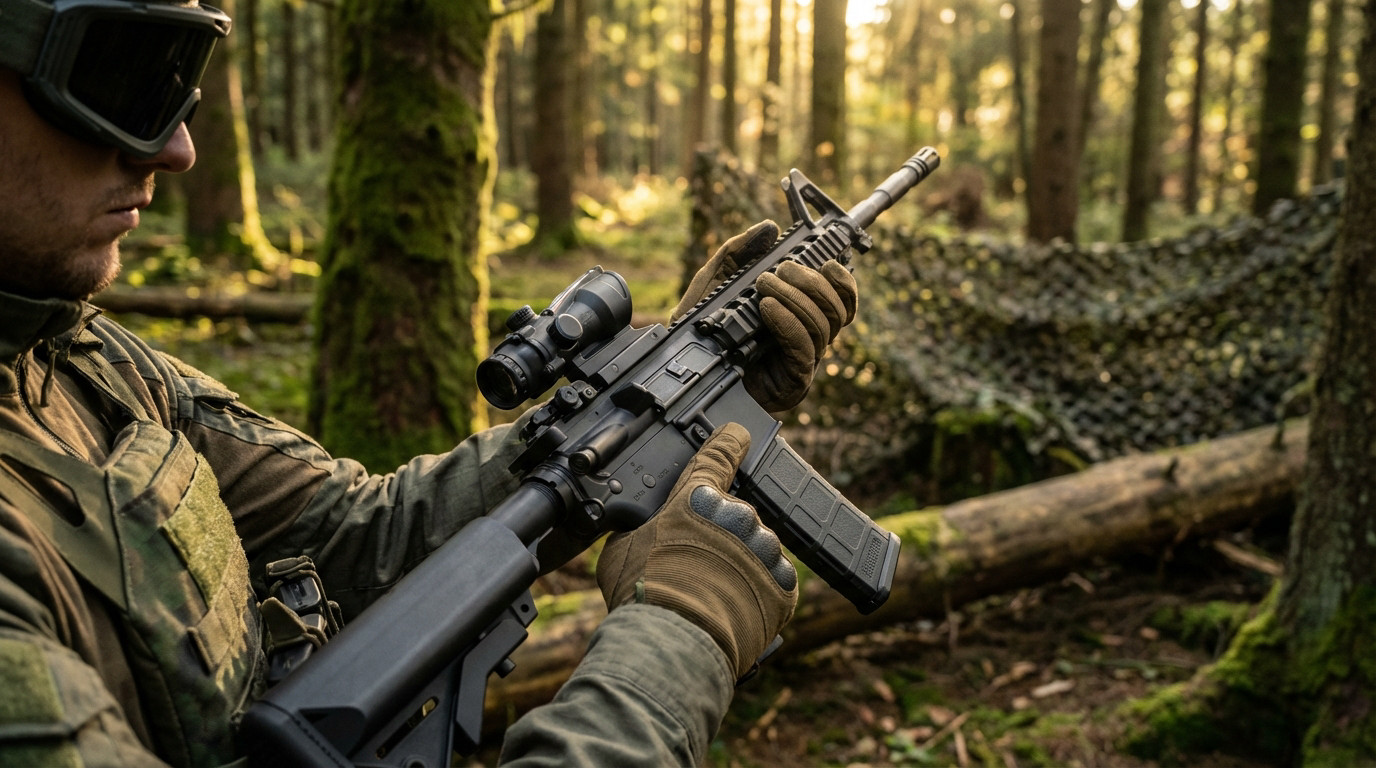 A person in tactical goggles and gloves holds a detailed airsoft rifle with a scope in a sunlit forest with camouflage netting.