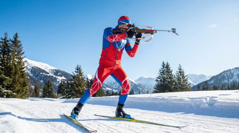 A biathlete in a red and blue suit aims a rifle on skis in a pristine, sunny, snow-covered mountain landscape.