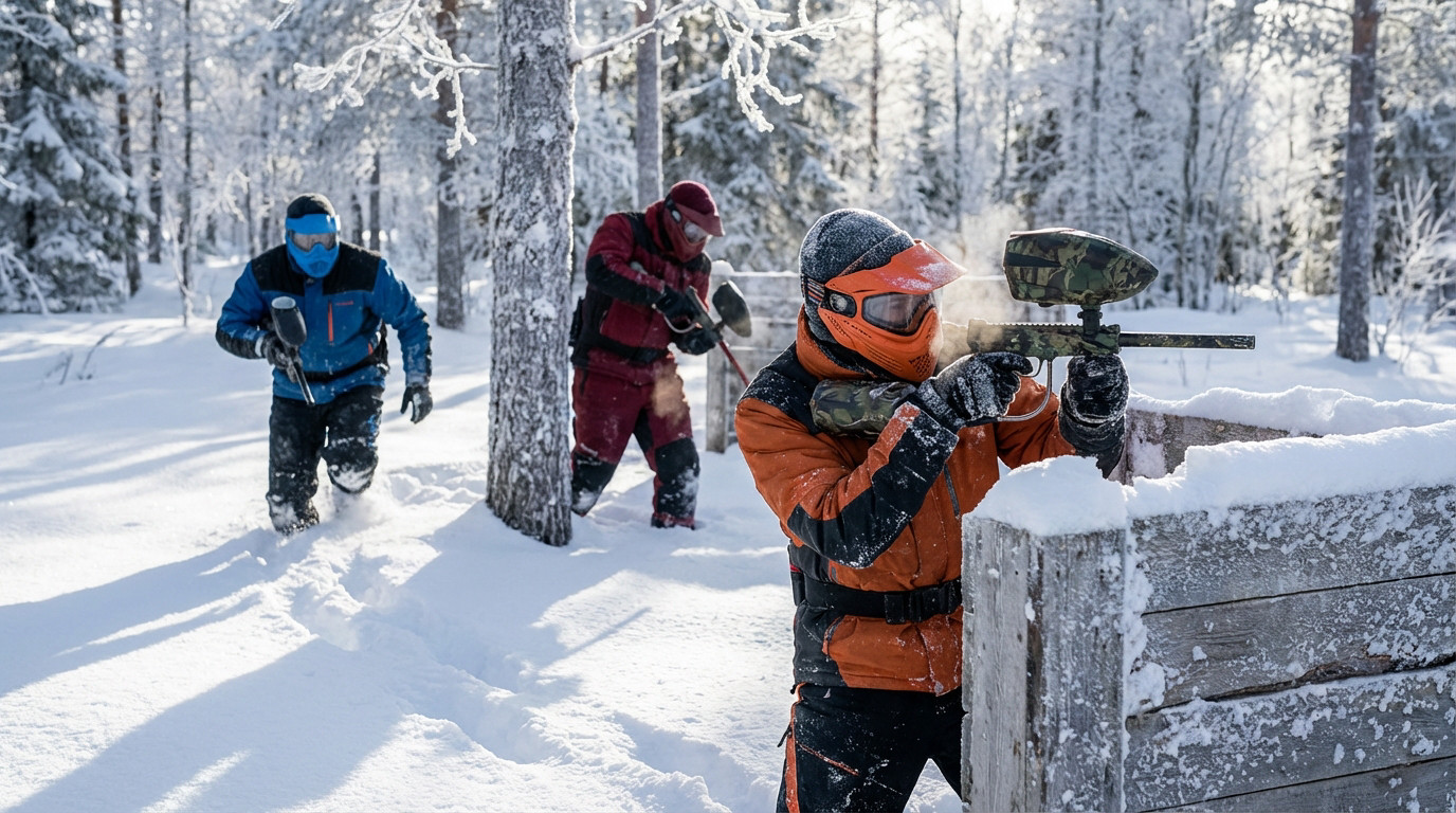 Joueurs de paintball avec masques et lanceurs dans une forêt enneigée. L'un est à couvert derrière un obstacle en bois.