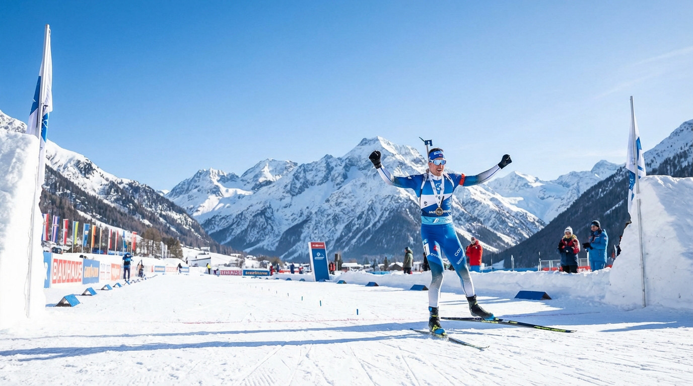 Eric Perrot, biathlète français, lève les bras en signe de victoire, une médaille d'argent au cou, sur une piste enneigée avec montagnes.