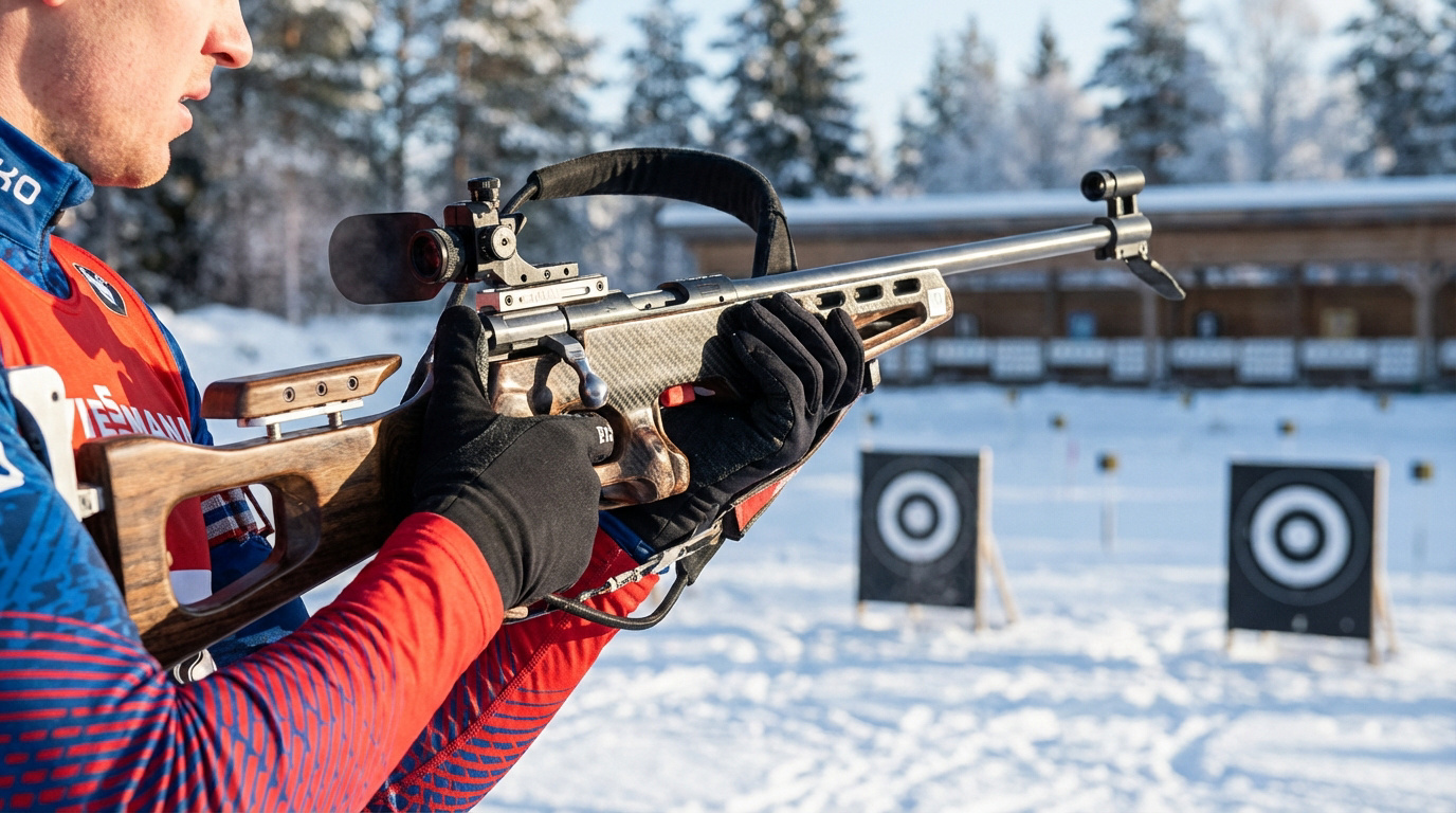 Un biathlète, les mains gantées, tient sa carabine de biathlon en bois et métal, visant des cibles sur un stand de tir enneigé.