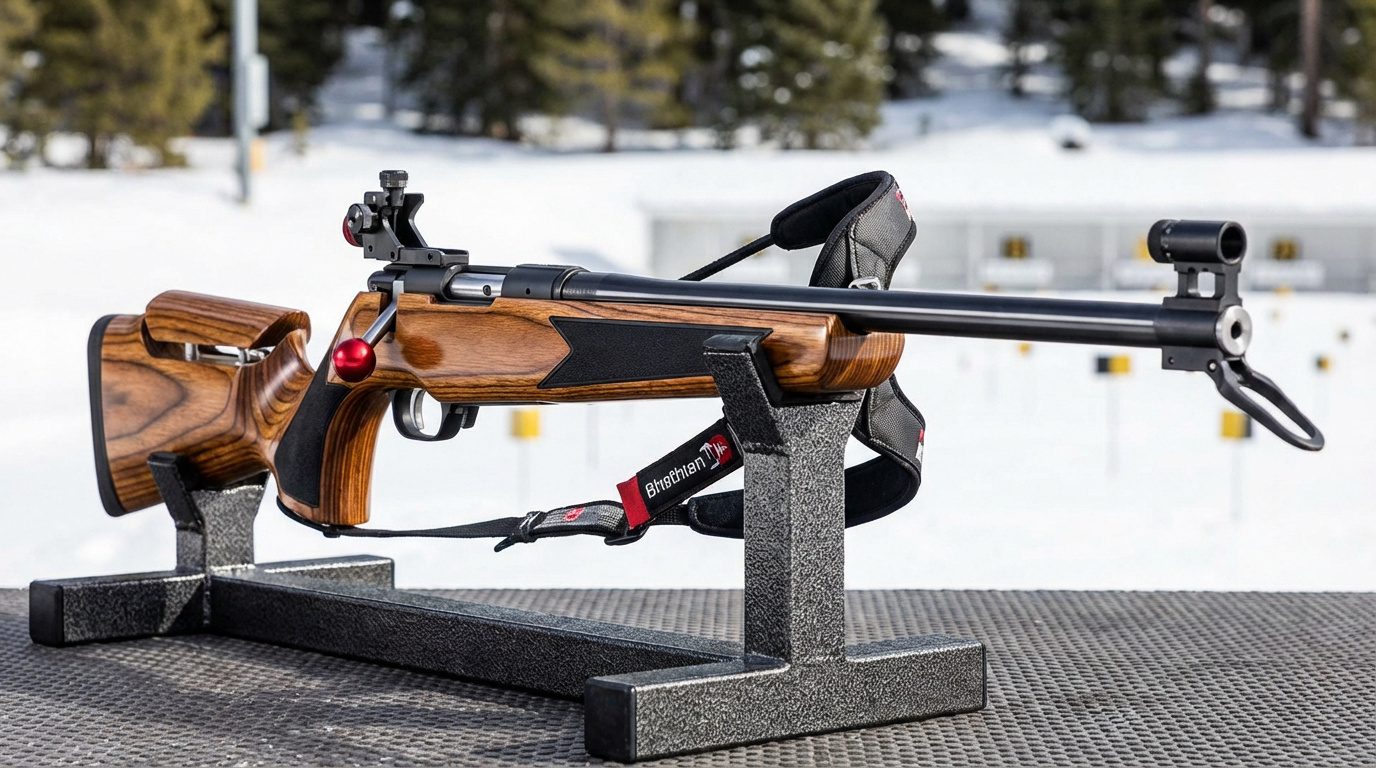 Carabine de biathlon à crosse en bois et canon noir, posée sur un support métallique, avec un fond enneigé d'un champ de tir.