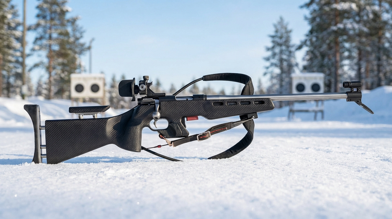 Carabine de biathlon noire et argentée posée sur la neige, avec des cibles de tir circulaires en fond, sous un ciel bleu.