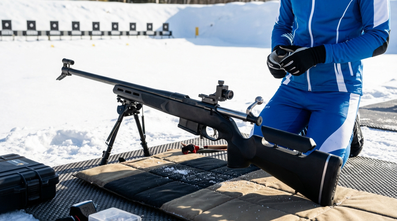 Gros plan sur un fusil de biathlon noir posé sur bipied, avec un athlète en tenue bleue à genoux et des cibles en arrière-plan sur neige.