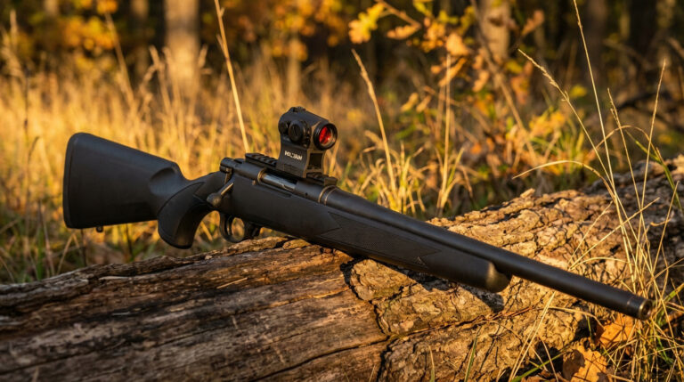 Carabine Winchester SXR2 noire avec un viseur point rouge Holosun posée sur un tronc d'arbre, en forêt aux couleurs d'automne.