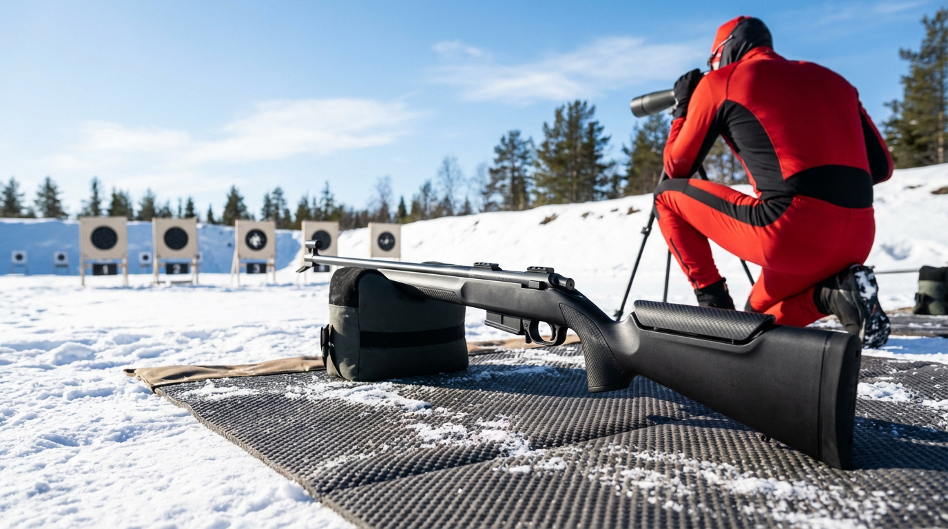 Carabine de biathlon noire posée sur un pas de tir enneigé, avec un athlète en rouge observant les cibles au télescope.