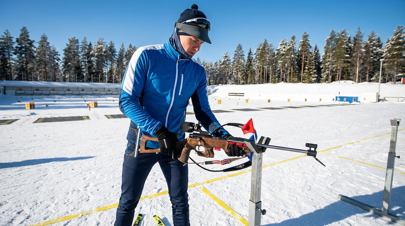 Un athlète de biathlon ajuste sa carabine sur un pas de tir enneigé, avec un drapeau de sécurité rouge bien visible.