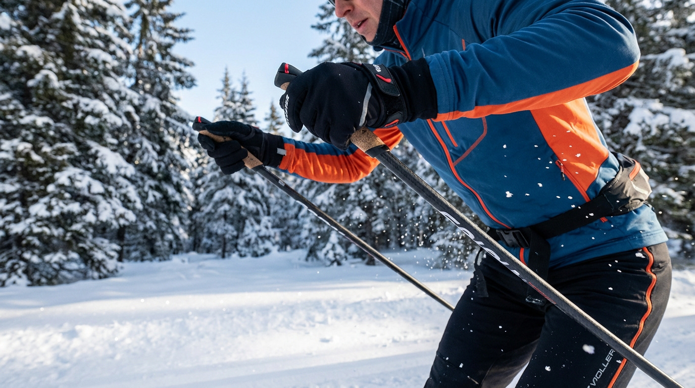 Skieur de fond en tenue technique poussant sur ses bâtons dans une forêt enneigée. La neige vole autour des bâtons en carbone.