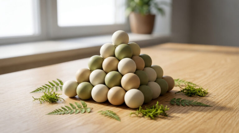 Pyramide de billes bio airsoft beiges, crème et vertes avec feuilles de fougère et mousse sur table en bois.