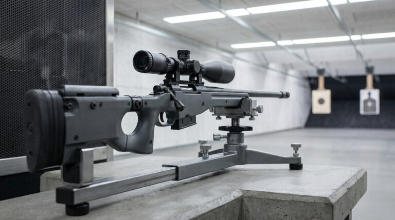 Fusil de précision gris foncé avec lunette de visée posé sur un support en métal sur un banc en béton dans un stand de tir. Cibles floues en arrière-plan.