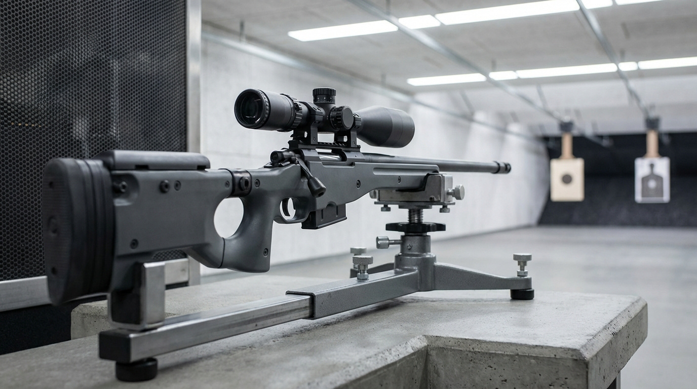 Fusil de précision gris foncé avec lunette de visée posé sur un support en métal sur un banc en béton dans un stand de tir. Cibles floues en arrière-plan.