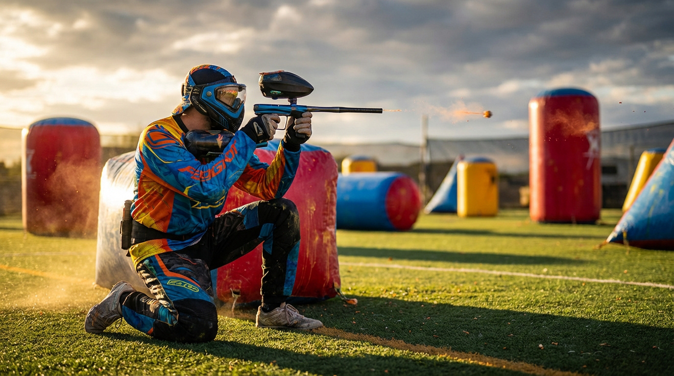 Un joueur de paintball masqué et équipé tire un projectile orange sur un terrain extérieur avec des bunkers gonflables au coucher du soleil.