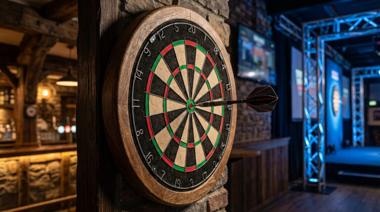 Cible de fléchettes en bois avec une fléchette plantée dans le double bullseye, fond de pub ancien et scène de tournoi.