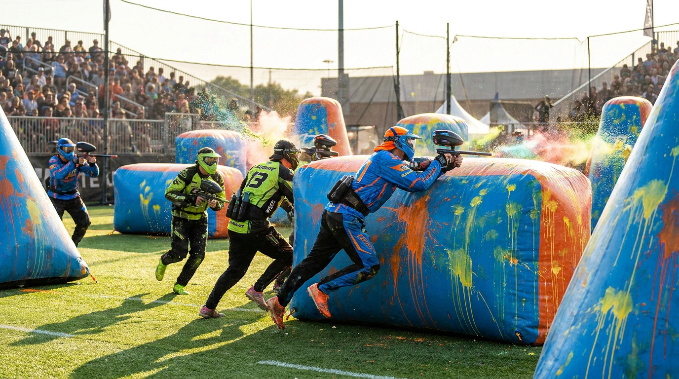 Des joueurs de paintball en pleine action sur un terrain avec des bunkers colorés. Des explosions de peinture sont visibles, avec des spectateurs en arrière-plan.