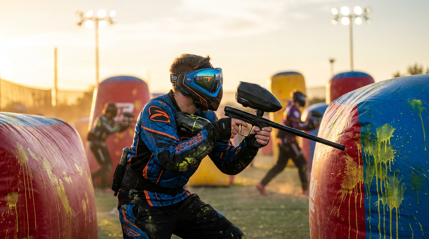 Joueur de paintball en tenue bleue et orange, masqué, vise avec son marqueur sur un terrain avec des bunkers colorés au coucher du soleil.