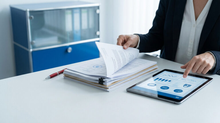 Personne examinant des documents et une tablette avec des graphiques, illustrant la recherche sur la réglementation des armes.