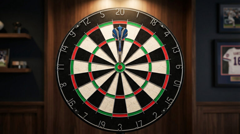 Une cible de fléchettes classique avec une fléchette plantée en plein centre (bullseye). Lumière chaude en arrière-plan.