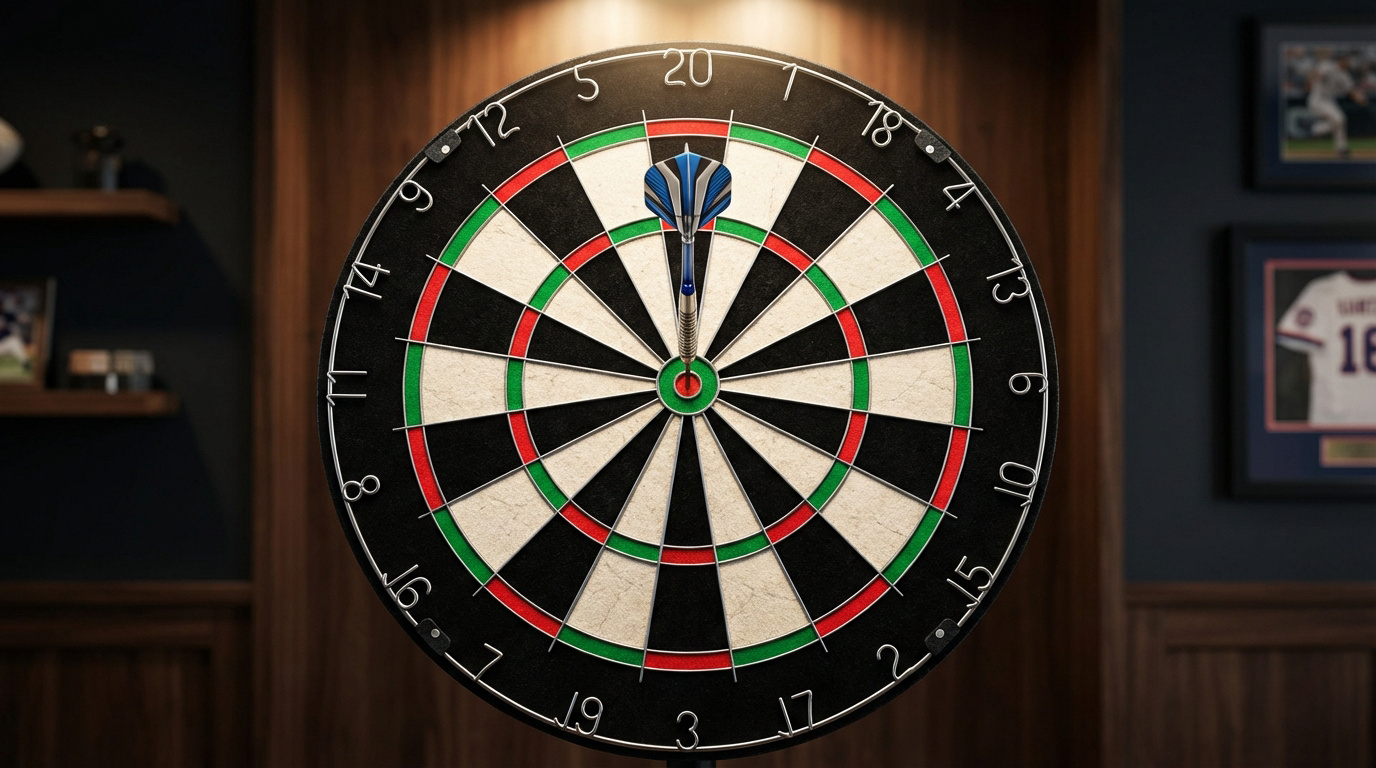 Une cible de fléchettes classique avec une fléchette plantée en plein centre (bullseye). Lumière chaude en arrière-plan.