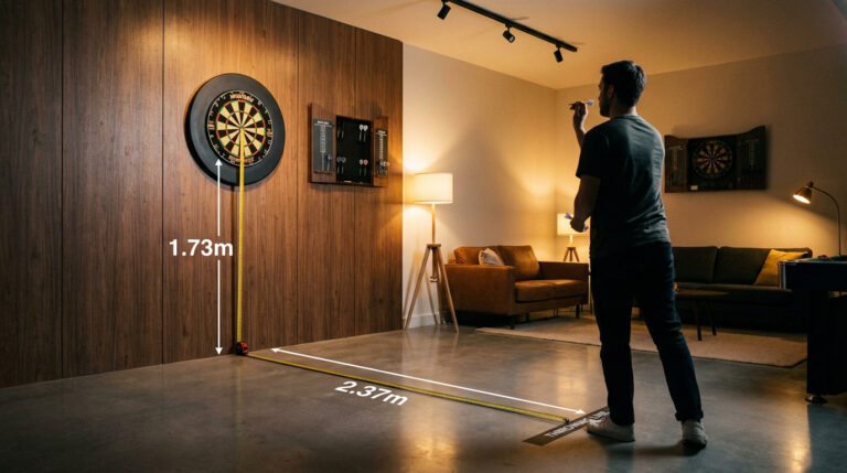 Image montrant les distances réglementaires pour un jeu de fléchettes : 1.73m de hauteur au centre et 2.37m de ligne de tir.