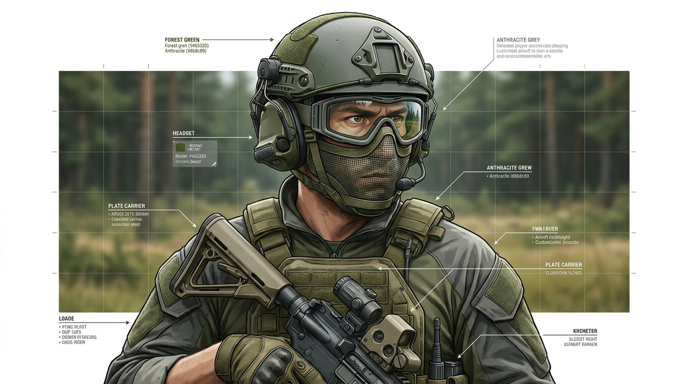 Joueur d'airsoft en position de tir de précision avec sa réplique équipée d'une lunette