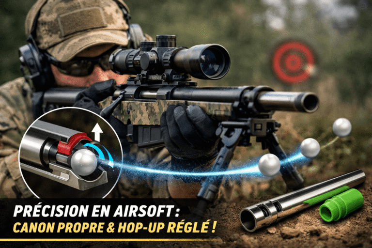 Joueur airsoft en position de tir avec lunette de précision, canon interne et hop-up réglé pour max2joules