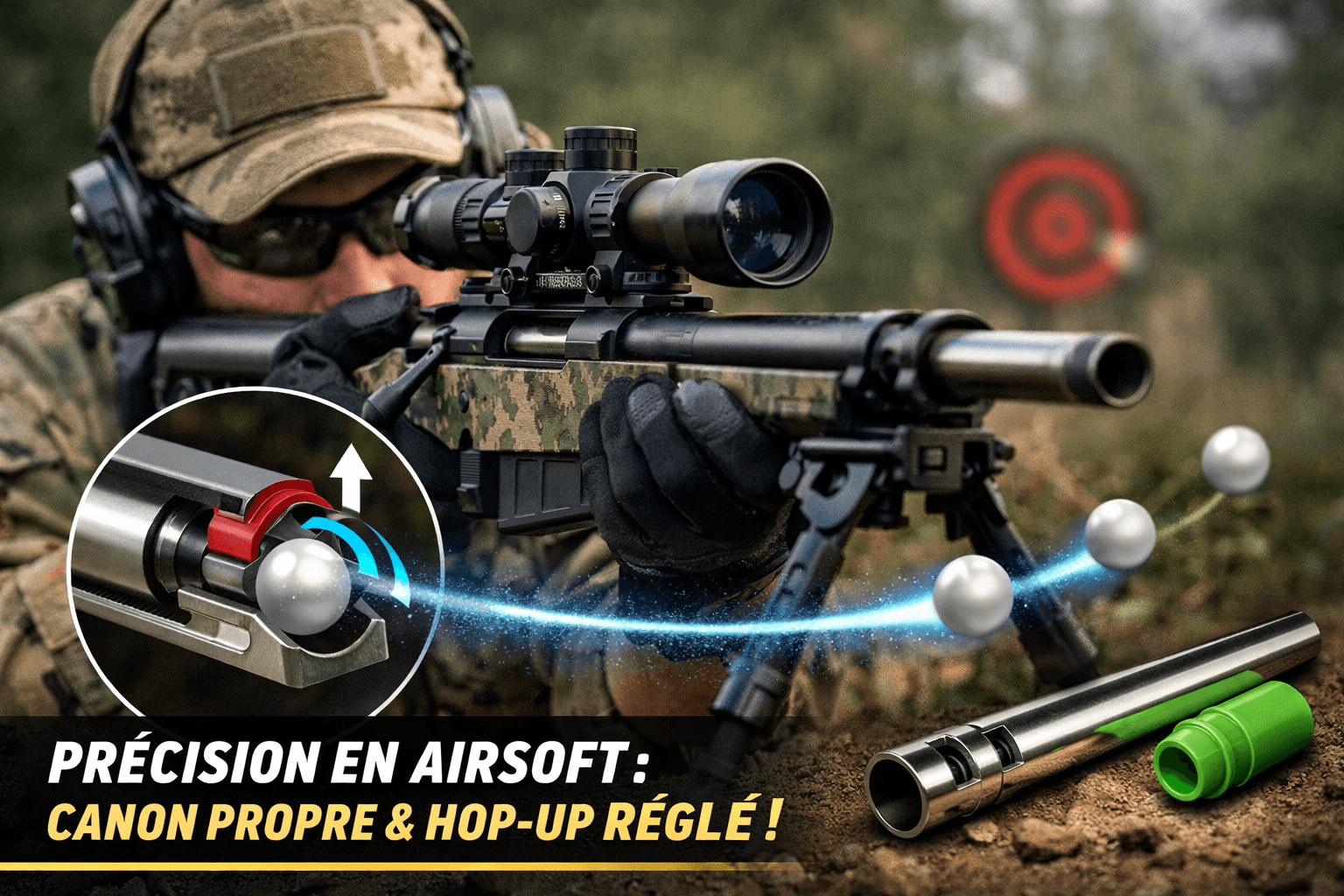 Joueur airsoft en position de tir avec lunette de précision, canon interne et hop-up réglé pour max2joules