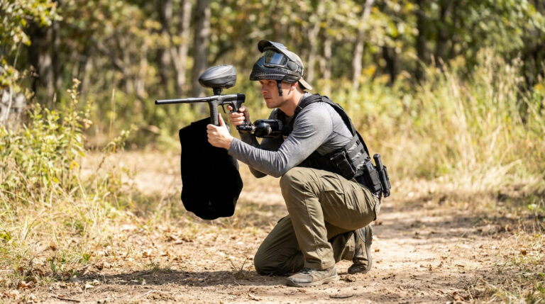 Un homme en équipement de paintball (masque, gilet tactique) s'agenouille et vise avec son marqueur dans un cadre naturel et boisé.