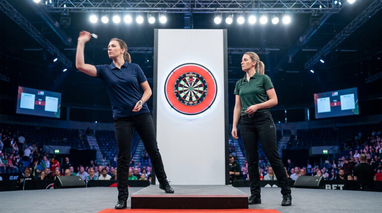 Deux joueuses professionnelles de fléchettes sur une scène éclairée lors d'un tournoi officiel.