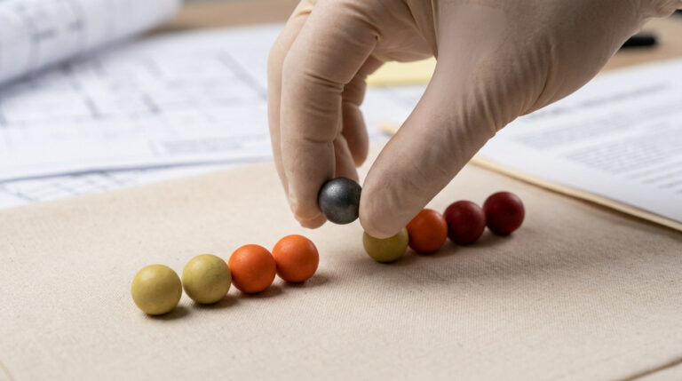 Une main gantée manipule une bille grise au-dessus d'une ligne de billes de défense colorées posées sur une table.