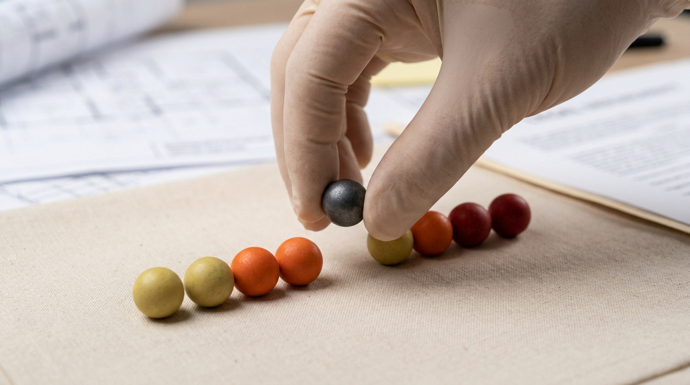 Une main gantée manipule une bille grise au-dessus d'une ligne de billes de défense colorées posées sur une table.
